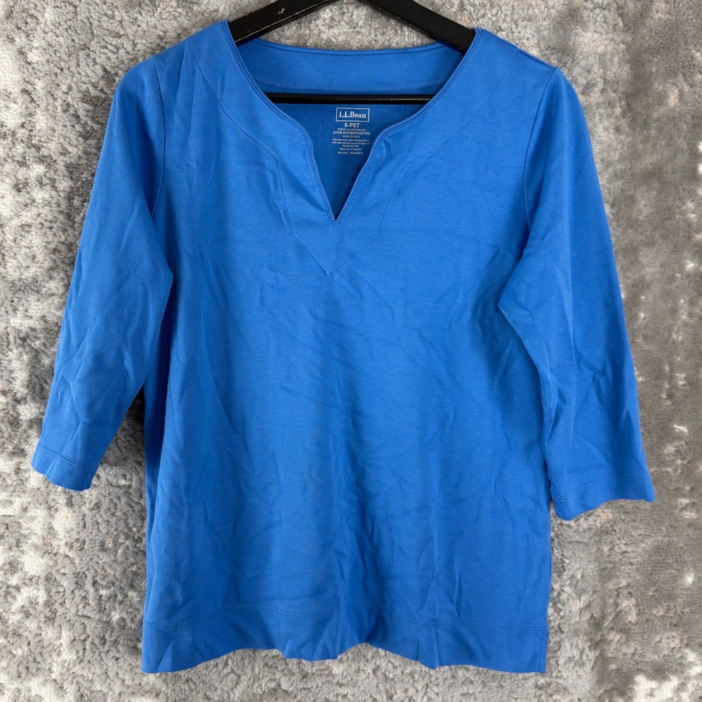 L.L.Bean Petites Size Sp Supima Cotton Split Neck Top Blue 3/4 Sleeve Women